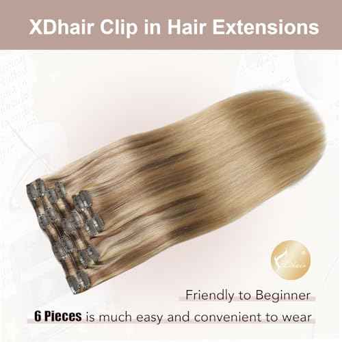 XDhair Clip in Hair Extensions 100g 16 Inch Balayage Hair Extensions Clip in Human Hair Golden Brown to Light Blonde Straight Real Human Hair Extensions Clip ins for Women 6pcs #10/27/27 16 Inch
