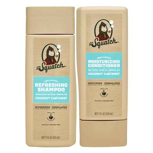 Dr. Squatch Natural Hair Bundle for Men - Healthy, Full Looking Hair - Coconut Castaway Shampoo (8 fl oz), Coconut Castaway Conditioner (11.5 fl oz)