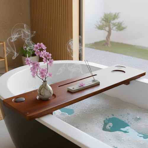 Grand Fjord | Teak Bathtub Tray for Large Soaking Tub | Extra Long 35¡± Luxury Bath Caddy for Freestanding Tubs | Minimalist Wooden Tub Tray with Candle Holders & Premium Towel by JapandiSpirit