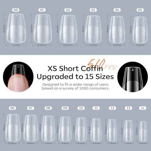 modelones Gel Nail Kit Short Coffin, Upgrade 510Pcs Fake Nails 15Sizes, 9-in-One Glue Prep Dehydrator & Mini U V Light Clipper, Pre-shaped Half Matte Press on Short Coffin Tips for DIY Salon