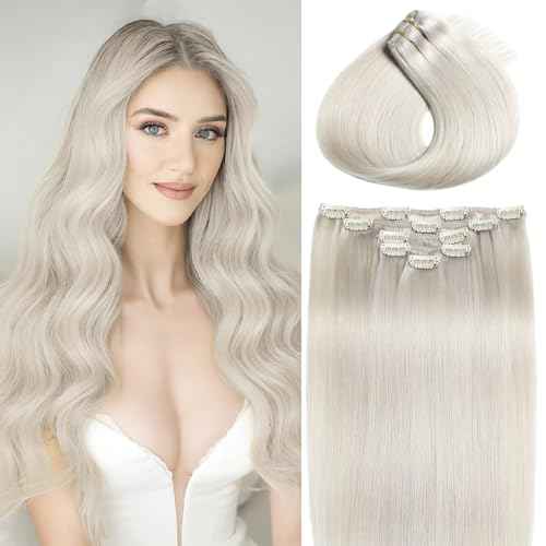 Clip in Hair Extensions Real Human Hair 22 Inch Clip ins Extensions Remy Human Hair for Women #60 Platinum Blonde Hair Extensions for Wedding,Daily Wear 80g/2.82oz 5pcs