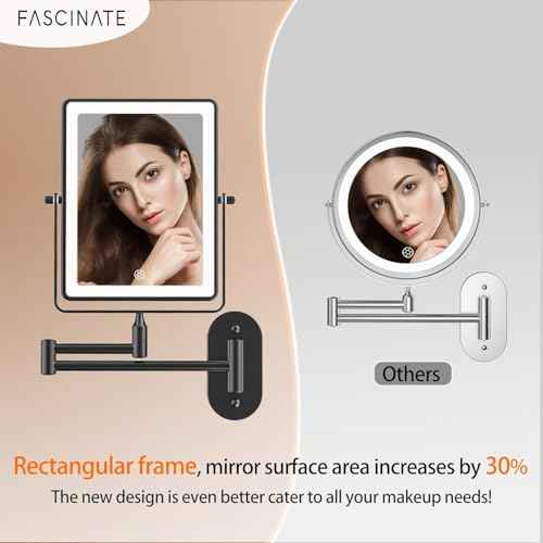 FASCINATE 5000mAh Rechargeable Wall Mounted Makeup Mirror, 8.7" Double Sided Touch Switch 1X 30X Rectangle Magnifying Mirror with Light, 3 Color Setting, Extended Arm 360¡Æ Swivel Foldable Black