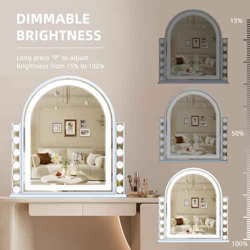 Hansong Hollywood Vanity Mirror with Lights 22.4"x23.4" Arched Lighted Makeup Mirror with Lights 12 Dimmable Bulbs Three Color Lighting Modes Detachable 10X Magnification Smart Touch Control