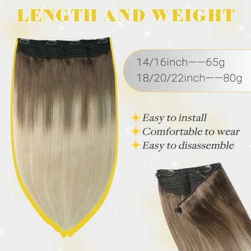 Wire Hair Extensions 20 Inch Fish Line Hair Extensions Ash Brown to Platinum Blonde Hair Extensions Real Human Hair Straight Extensions Human Hair 85g Extensions for Women(#8T/60-20inch)