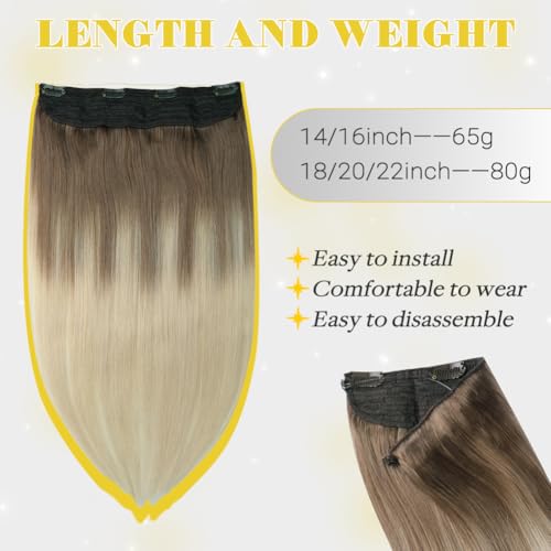 Wire Hair Extensions Fish Line Hair Extensions Ash Brown to Platinum Blonde Extensions, Invisible Hair Extensions Real Human Hair 14inch 70g Adjustable Size Hair Extensions(#8T/60-14inch)