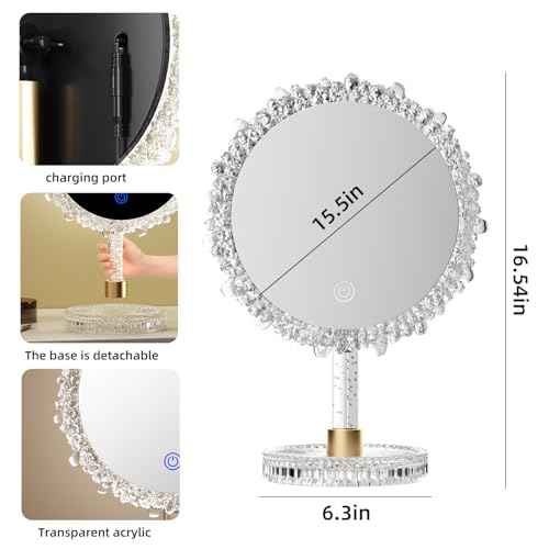 Makeup Mirror with Lights,18"x12"Large LED Lighted Makeup Mirror with Crystal Frame,3-Color Lighting Mode,Intelligent Touch Control,Rotatable,for Vanity Desk Tabletop,Bedroom,Women's Gift,White