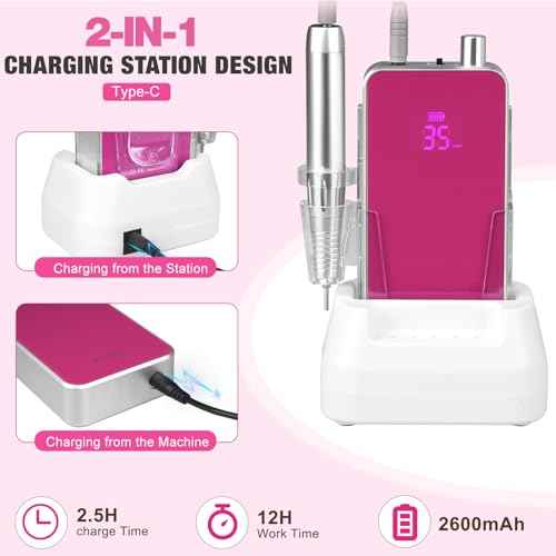 Professional Portable Nail Drill, 2-in-1 AZ GOGO 35000RPM Rechargeable Electric Cordless Nail Drills for Acrylic Gel Nails - Updated Coreless Motor Quieter, High Efficiency for Salon Level Pro E-File