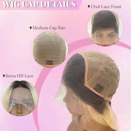 1b613 Ombre Blonde Bob Wig Human Hair Dark Roots 13x4 HD Lace Front Wigs Human Hair Pre Plucked with Baby Hair Glueless Bob Wig Human Hair 180% Density 14 Inch