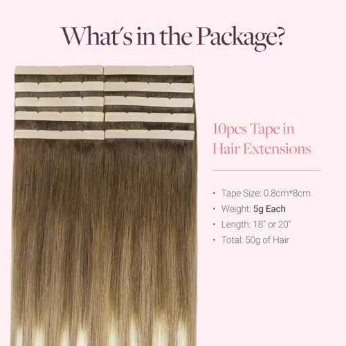 GOO GOO Tape in Hair Extensions Human Hair, 3/8/613 Walnut Brown to Ash Brown and Bleach Blonde, 8cm Wide Tape, 18inch 10pcs 50g, Tape Weft Hair Extensions, Real Human Hair, Seamless Tape in