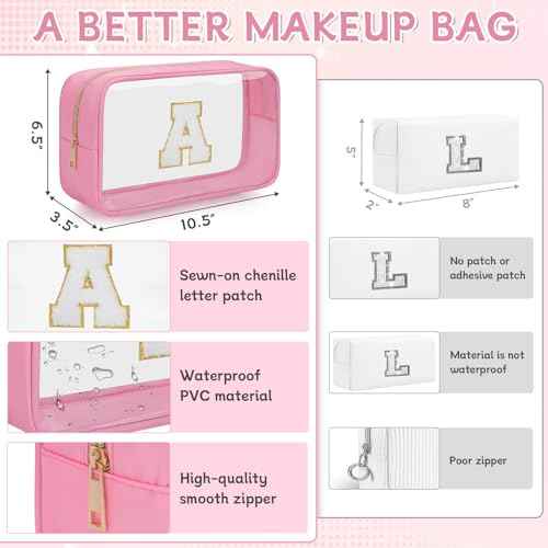 Personalized Initial Clear Makeup Bag, Travel Chenille Patch Cosmetic Bag, Preppy Toiletry Bag Monogram Cosmetic Pouch with Zipper, Ideal Gift for Teen Girls Women (Clear-Pink, A)