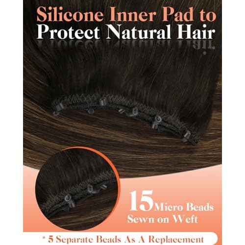 Sunny Hair Beaded Hair Weft Extensions Human Hair Brown Micro Weft Hair Extensions Balayage Dark Brown Balayage Medium Brown Microlink Beaded Hair Wefts For Women Real Hair 22inch 50g