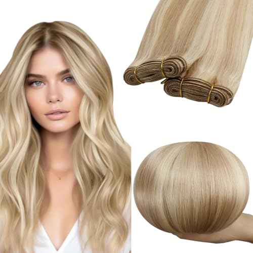 RUNATURE Weft Hair Extensions Human Hair Blonde Sew in Hair Extensions Real Human Hair, Straight Natural Remy Hair Weft Extensions, 18 Inch 100g #18P60 Ash Blonde Highlight Platinum Blonde