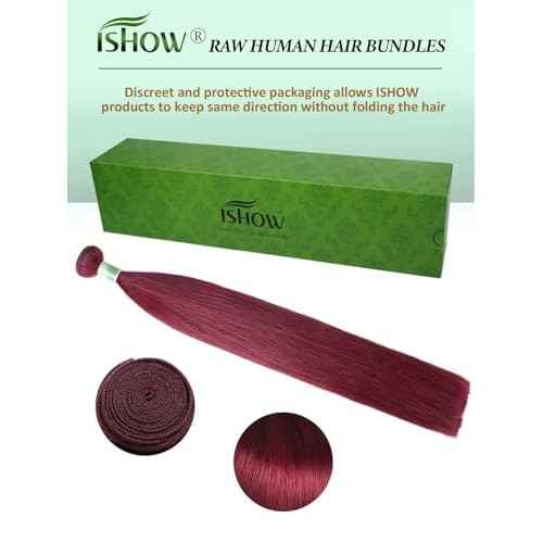 ISHOW Raw Human Hair Bundles, 100% Unprocessed Virgin Human Hair, 15A Straight Premium Quality Bundles Producer, 20 Inch Single Bundle, Long Lasting, Red Burgundy Color 99J