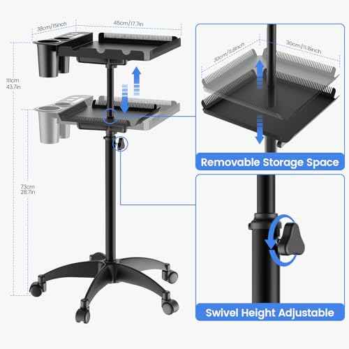 Rolling Salon Tray on Wheels with Braiding Hair Platform, Metal Salons Tray Cart with 2 Magnetic Bowls, Hairstylist Tray for Salon Station, Height Adjustable Salons Trolley Cart for Salon&Spa Use