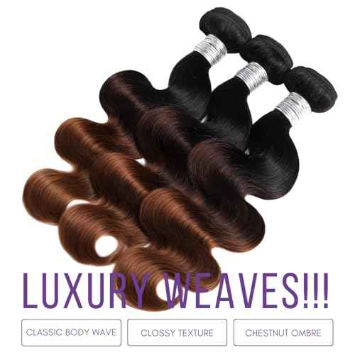 T1B/2/30 Chestnut Brown Ombre Human Hair Bundles Body Wave 24 Inch, 12A Thick Track 100% Virgin Human Hair Bundles Dark Roots Bundle 3 Tone Ombre Medium Auburn Colored Single Bundle Quick Weaves