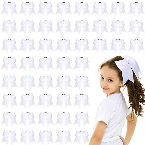 Yunlly 50 Pcs 8" Cheer Hair Bows Bulk Large Hair Bows for Girls Cheerleaders Ponytail Holder Elastic Band Ties for Teen College Sports Cheerleading Accessories(White)