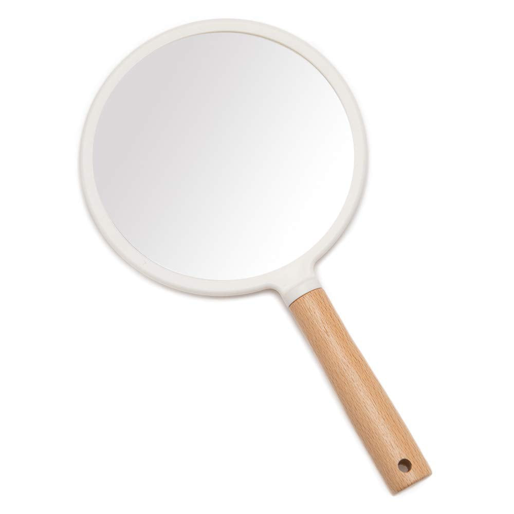 YEAKE Hand Held Mirror with Handle for Makeup,Small Cute Wood Hand Mirror for Shaving with Hole Hanging Single-Sided Portable Travel Vanity Mirror for Men&Women(Round)