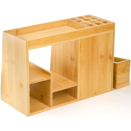 Elsjoy Bamboo Makeup Organizer with 3 Drawers & 12-Grid Lipstick Holder, Desk Bamboo Vanity Jewelry Organizer, Countertop Cosmetic Storage Box Stand with Hooks for Hanging Jewelry