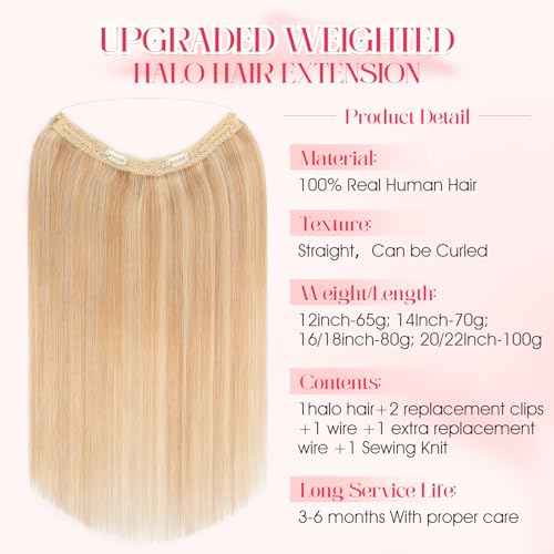 Rich Choices 100% Real Human Halo Hair Extensions for Women Remy Halo Extension Invisible Wire Hairpiece Clip in One Piece Hairpiece Adds Weight 80g 18 Inch #18P613 Ash Blonde Highlight Bleach Blonde