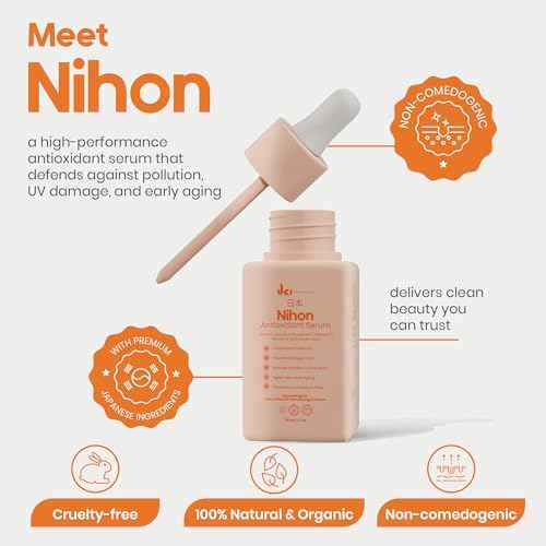 NIHON Antioxidant Serum - Kojic Acid + Ferulic Acid & Vitamin E and Vitamin C Serum for Face - Brightens, Evens Tone & Protects - Clean, Fragrance-Free, Cruelty-Free - 30ml