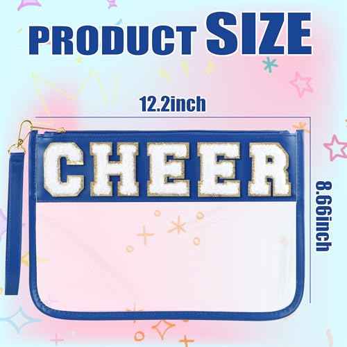 Cheer Chenille Letter Bags Clear Makeup Bag, Cheerleader Gifts Cosmetic Bag, Varsity Preppy Patch Flat Pouch Cheer Accessories, Waterproof PVC Organizer Toiletry Bag for Women Girls Navy Blue