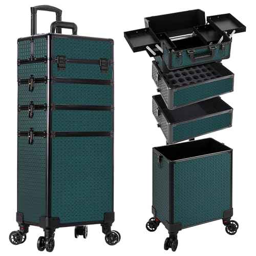 AROUS Rolling Makeup Train Case 4 in 1 Cosmetology Case on Wheels Large Storage Cosmetic Trolley with Key Salon Barber Case Traveling Cart Trunk, Green