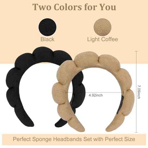 AMCAMI Puffy Spa Headband for Women Sponge Headbands for Girls 2 PCS Terry Towel Cloth Fabric Head Band for Skincare,Makeup Removal,Face Washing,Facial Mask,Shower,Hair Accessories£¨Black&Light Coffee£©