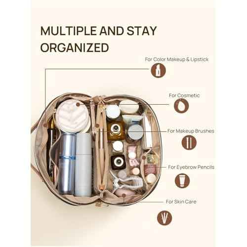 Telena Leather Make Up Bag Portable Travel Makeup Bag Waterproof Cosmetic Bags for Women Large Capacity With Handle and Divider Open Flat