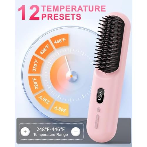 Sunwhisper Cordless Hair Straightener Brush with 200 Million Anion, Portable Cordless Straightener Comb for Travel with LCD Display (2 Clips,Pink)