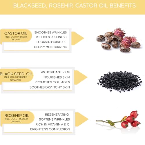 Black Seed, Rosehip & Castor Oil Organic Cold Pressed Fortifying Face Oil Anti-Age Facial Moisturizer Hydrating, Nourishing Miracle Oil Serum Glow for Dry Wrinkled Skin Natural Skincare (2 FL OZ)