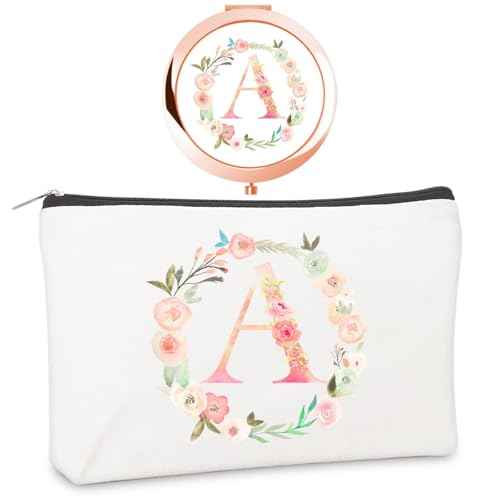 Personalized Gift Initial Compact Mirror w Makeup Bag for Women Sister Daughter Mom Wife, Floral Monogram Alphabet Small Mirror Ideal Gift on Birthday, Christmas, Graduation (A + Bag, ROSE GOLD)