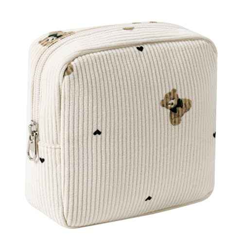 Cute Small Corduroy Zipper Makeup Bag, Mini Coquette Aesthetic Pouch with Bear Pattern for for Purse,Key Pocket Lipstick Bag Card Holder Data Cable Organizer for Women Girls (02Biege Bear)