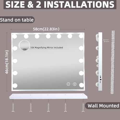 Hansong Vanity Mirror with Lights and Bluetooth Speaker 22.8''x18.4'' Lighted Makeup Mirror with 15 LED Bulbs Hollywood Vanity Mirror with 3 Lighting Modes USB Charging and 10x Magnification