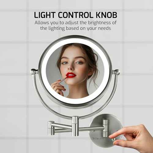 OVENTE Wall Mounted Lighted Makeup Vanity Mirror, 9" Hard Wired Double Sided 1X/7X Magnifying Bathroom Mirror, Dimmable LED Lights, 360¡Æ Rotation and 14" Extendable Arm, Nickel Brushed MPWD3185BR1X7X