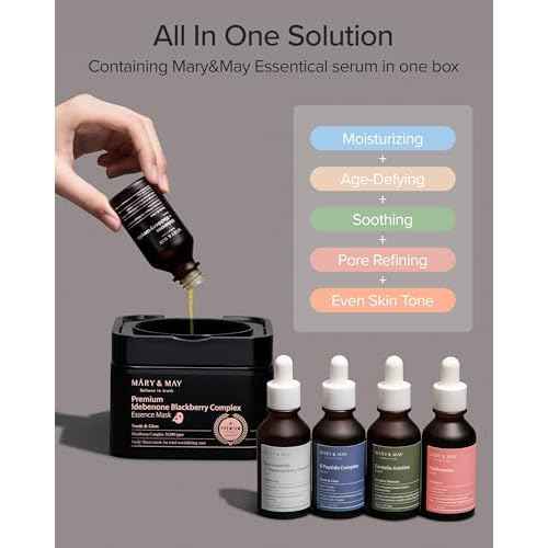 Mary&May Premium Idebenone Blackberry Complex Essence Mask - Quick Dispenser Type Anti Aging Korean Face Mask Sheet - Vitamin C, Panthenol, and Ceramide for Moisturizing and Radiant Skin, 20 Sheets