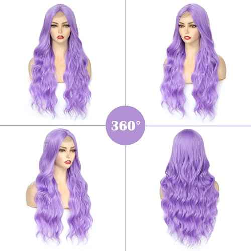 Long Purple Wavy Wig for Women 26 Inch Light Purple Middle Part Curly Synthetic Hair Wig Natural Look Heat Resistant Fiber for Daily Party Use