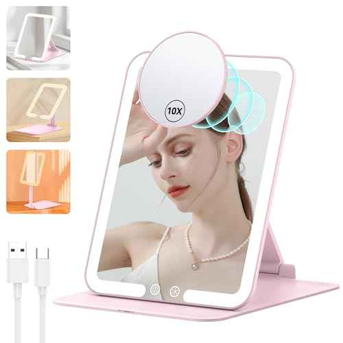 Anfauny Lighted Travel Makeup Mirror with Magnetic 10X Magnification, Vanity Portable and Foldable with Adjustable Stand, Rechargeable 3 Color Lights for Desk and Tabletop -Pink