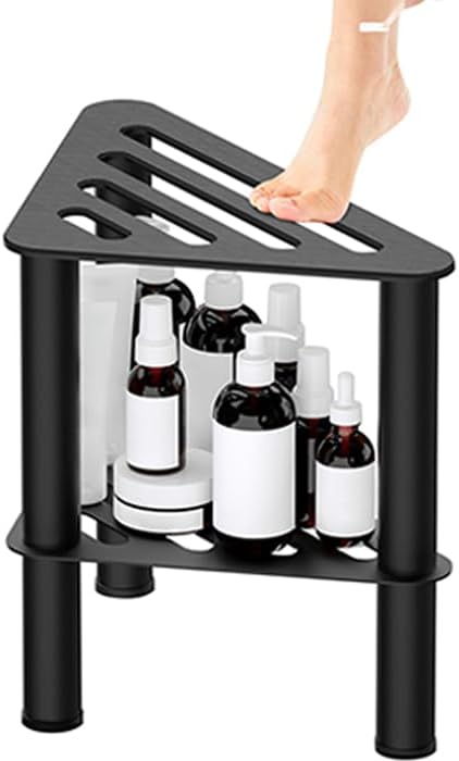 Skiennix Rust-Proof Metal Corner Shower Foot Stool - Non-Slip Bath Bench with Storage Shelf | Black