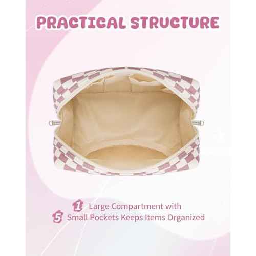 Narwey Birthday Gifts for Teen Girls Kids Women Personalized Initial Checkered Makeup Bag Pink Monogram Cosmetic Bag Trendy Stuff 6 8 10 11 12 13 14 16 18 Years Old Travel Toiletry Bag (Dusty Rose J)