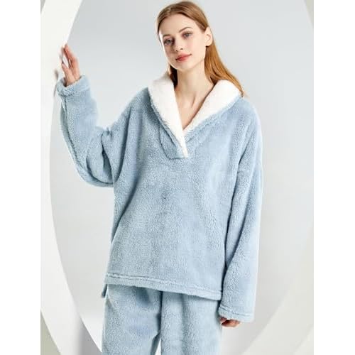 Gihuo Women' s Fluffy Pajamas Set Fleece Pullover Pants Loose Plush Sleepwear 2 Piece Pjs Set Warm Loungewear Fuzzy