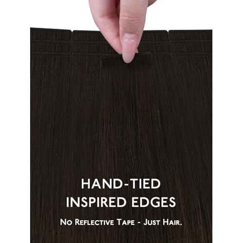 WENNALIFE Genius Seamless Tape in Hair Extensions Real Human Hair, 20 inch 50g 20pcs Dark Brown Tape in Hair Extensions Remy Human Hair Luxury Invisible Straight Hair Hand Tied Inspired Edge Tape ins