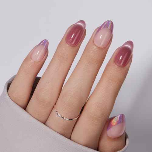 VSALON Short Almond Press-On Nails, 42 Count (Pack of 1), French Tip & Cat Eye, Cream Finish, Plastic, 16 Sizes & 10 Alternative Nails, UV Glue, Easy Tabs, Remover (Rose Sweetheart)