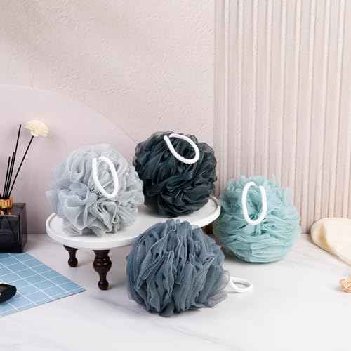 Loofah Sponge XXL-100g 4 Pack, Bath Sponge Soft Mesh Shower Puff Loofah for Men, Exfoliating Body Scrubber for Women, Shower Accessories (Blue Gray)