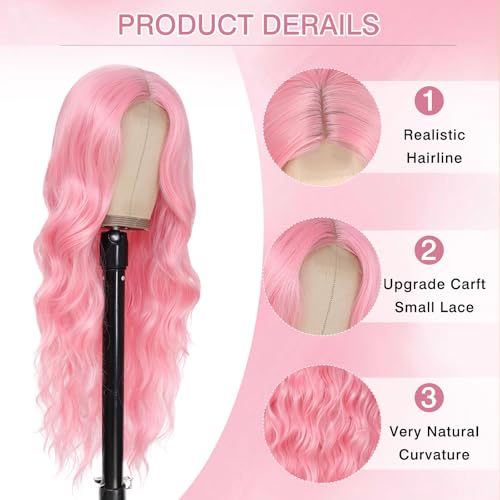 Long Pink Wavy Wig Middle Part for Women 26 Inch Light Pink Curly Wavy Wigs Natural Looking Synthetic Heat Resistant Fiber Wig for Daily Party Use