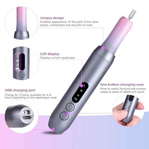 Electric Nail Files Cordless, Professional Nail Drill LCD Display with 12 Bits 30000RPM Rechargeable Manicure Pedicure EFile for Gel?Nail?Polish Acrylic Nails Thick Toenails Removal, Grey Pink