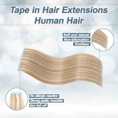 Tape in Hair Extensions Human Hair 100% Remy Hair 20pcs 50g/Pack Straight Seamless Invisible Skin Weft Extensions Easy to Apply and Style (Honey Blonde to Bleach Blonde,22 Inch)
