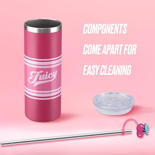 Juicy Couture Glam Slip 24oz Stainless Steel Hydration Tumbler with Straw Topper, Hot Pink Varsity