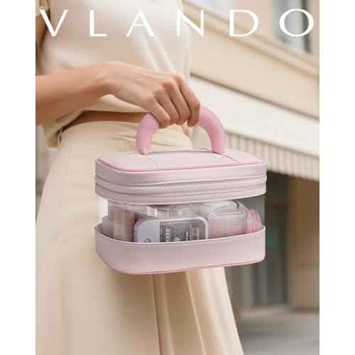 Vlando Travel Makeup Bag, Large Travel Toiletry Bag for Women Girl, Waterproof Cute Cosmetic Bag with Handle, Clear Make up Bag for Cosmetic, Brushes, Skincare-Apricot Pink