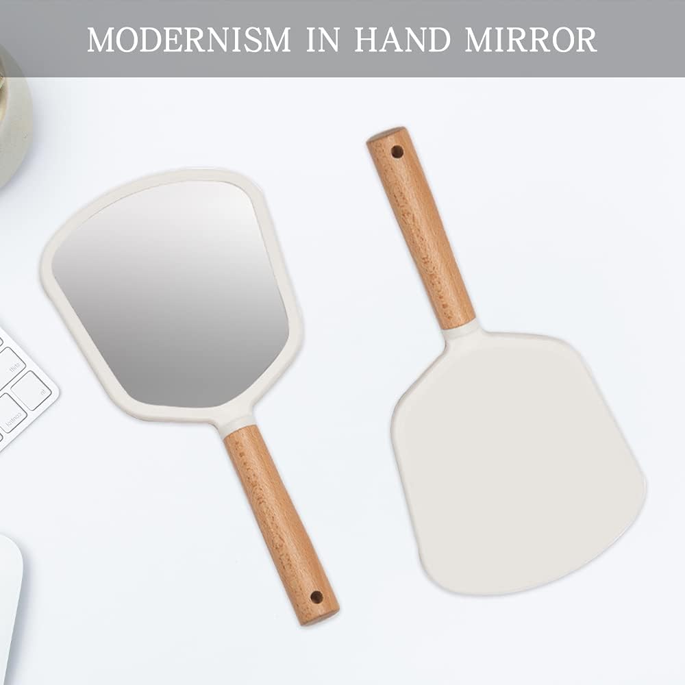 YEAKE Hand Held Mirror with Handle for Makeup,Small Cute Wood Hand Mirror for Shaving with Hole Hanging Single-Sided Portable Travel Vanity Mirror for Men&Women(Fanshape)