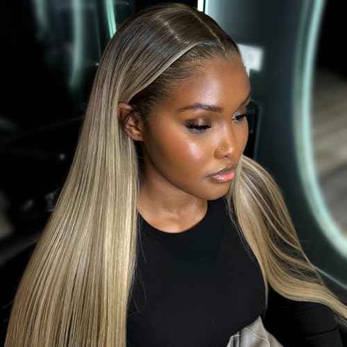 Ombre Ash Blonde Wigs Human Hair Natural Roots 200% Density 13x6 Straight HD Glueless Lace Frontal Wigs Human Hair for Women Pre Plucked Ombre Dirty Blonde Straight Lace Frontal Wigs 18 Inch